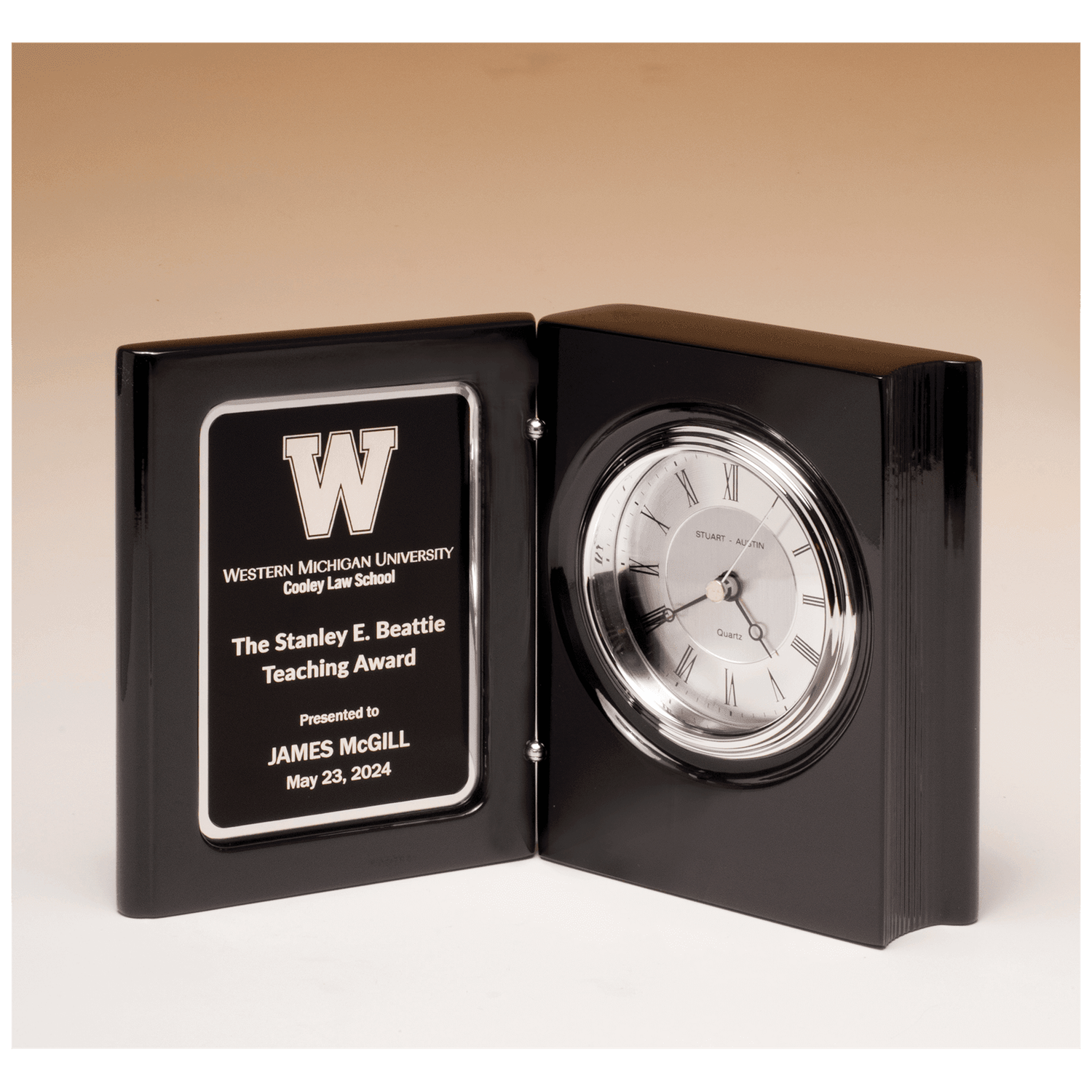 Black Piano Finish Book Clock w/Diamond Spun Dial, 3 Hand Movement, Black Plate