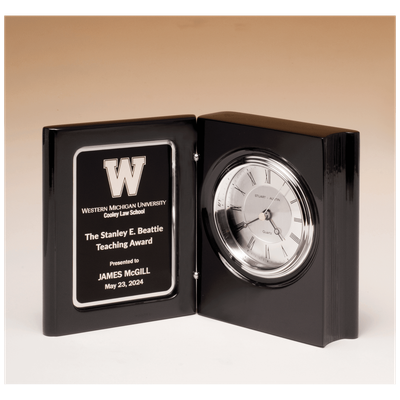 Black Piano Finish Book Clock w/Diamond Spun Dial, 3 Hand Movement, Black Plate