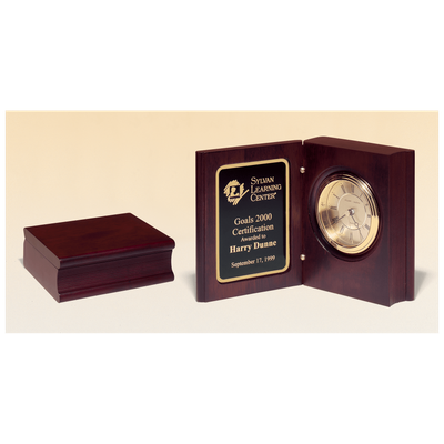 Hand Rubbed Mahogany Finish Book Clock w/Gold Spun Dial, 3 Hand Movement, Plate