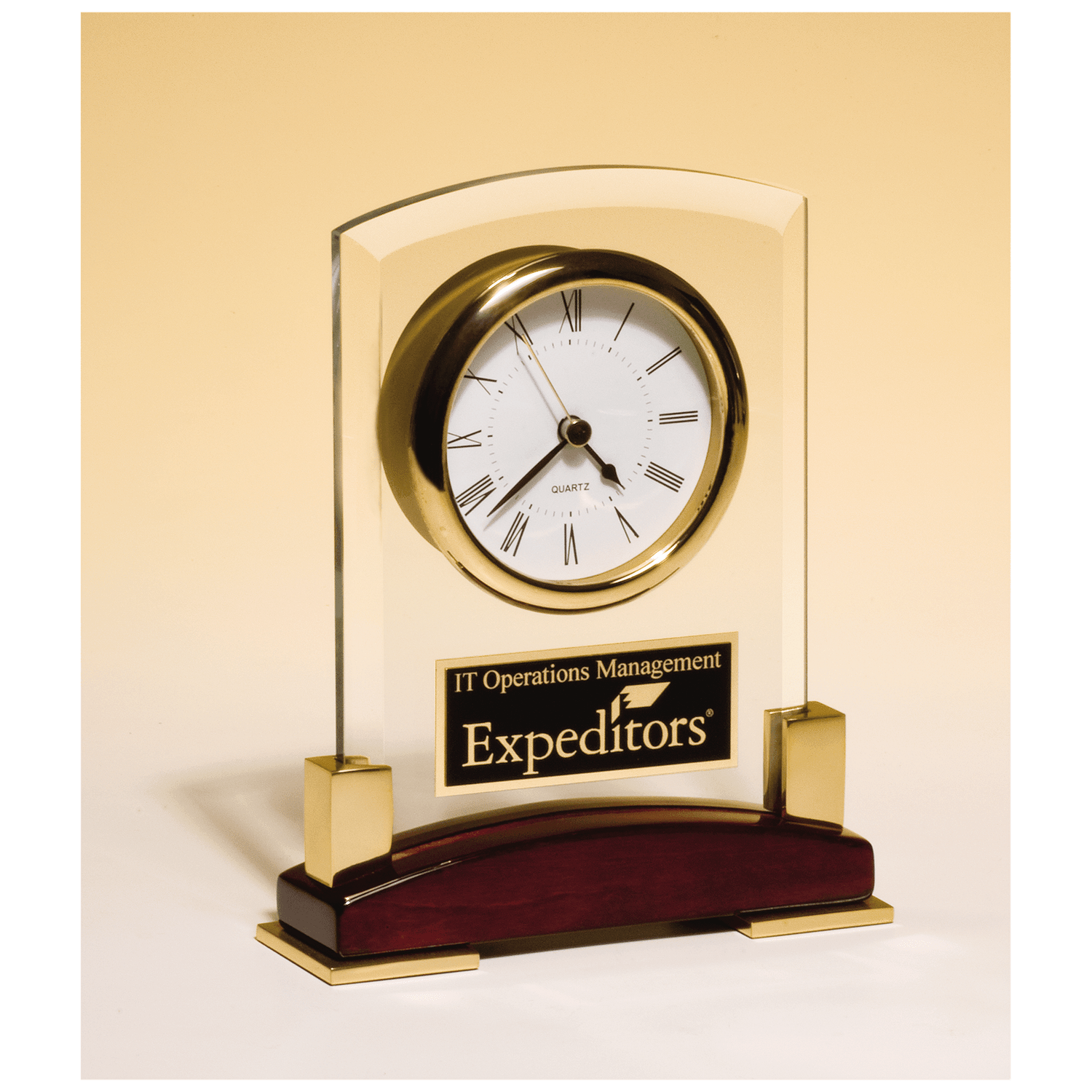 Beveled Glass Desk Clock, Rosewood Piano Finish Base, Gold Metal Accents, Plate