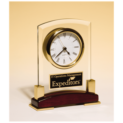 Beveled Glass Desk Clock, Rosewood Piano Finish Base, Gold Metal Accents, Plate