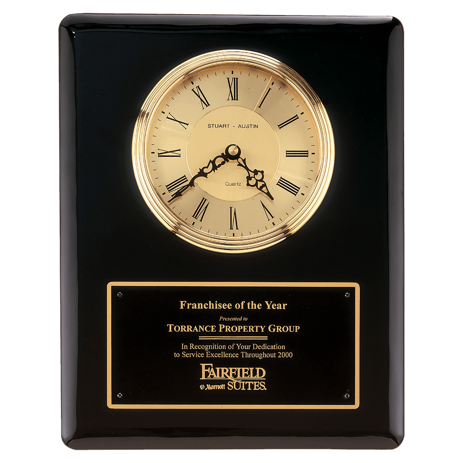 Black Piano Finish Clock, Waterfall Bezel w/Glass Lens, Gold Dial, Plate