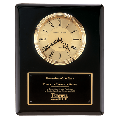 Black Piano Finish Clock, Waterfall Bezel w/Glass Lens, Gold Dial, Plate