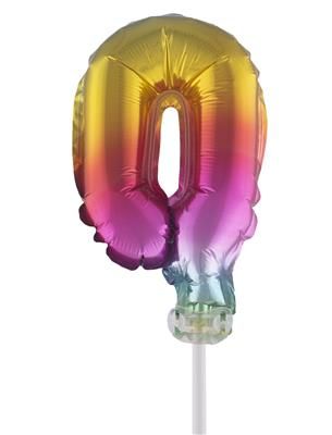 Folieballon 25cm met stokje cijfer 0 regenboog Folieballon 25cm met stokje cijfer 0 regenboog