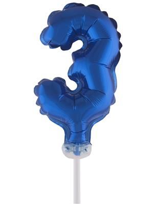 Folienballon mit Stab 25cm  - Zahl 3 blau