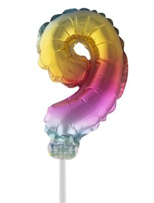 Regenbogen Folienballon mit Stab 25cm  - Zahl 9