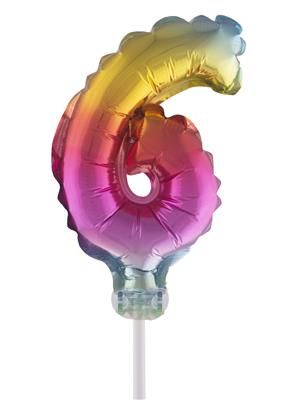 Regenbogen Folienballon mit Stab 25cm  - Zahl 6