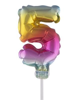 Regenbogen Folienballon mit Stab 25cm  - Zahl 5