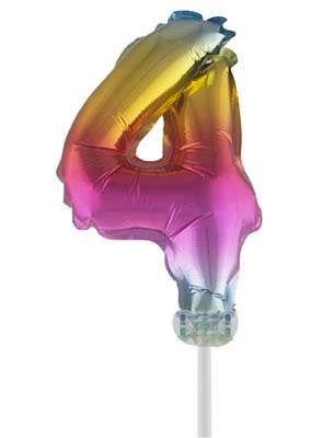 Regenbogen Folienballon mit Stab 25cm  - Zahl 4