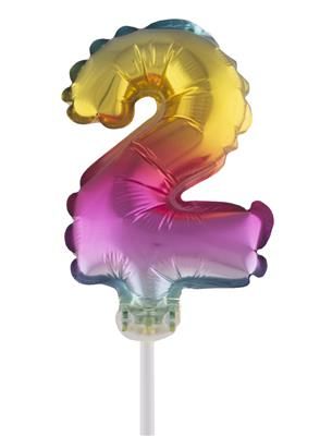 Regenbogen Folienballon mit Stab 25cm  - Zahl 2