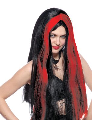 Pruik heks zwart met rode lok Pruik heks zwart met rode lok