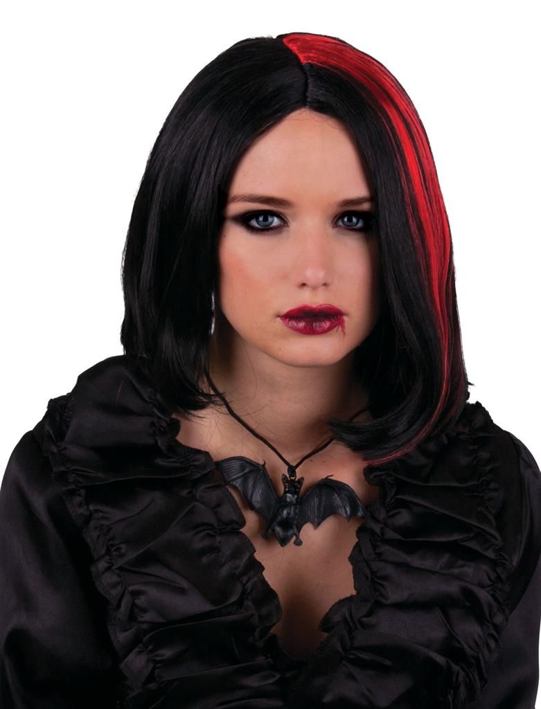 Pruik vampira zwart met rode highlights Pruik vampira zwart met rode highlights