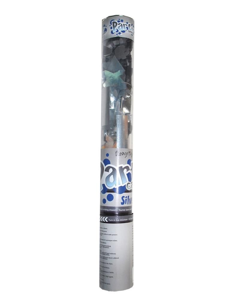 Confettikanon transparant 40cm zilver
