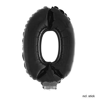Folieballon 41cm Met Stokje Cijfer 0 Zwart