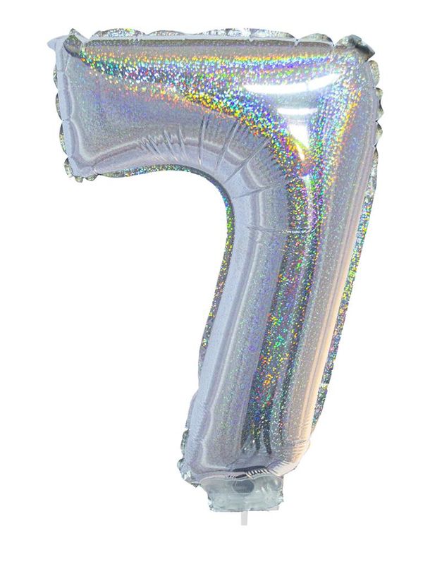 Folienballon 41cm Stab Zahl 7 Holographisch Silber