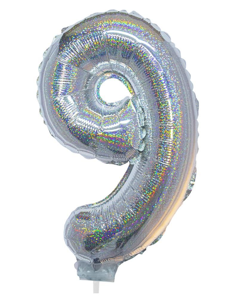 Folieballon 41cm Met Stokje Cijfer 9 Holografisch Zilver