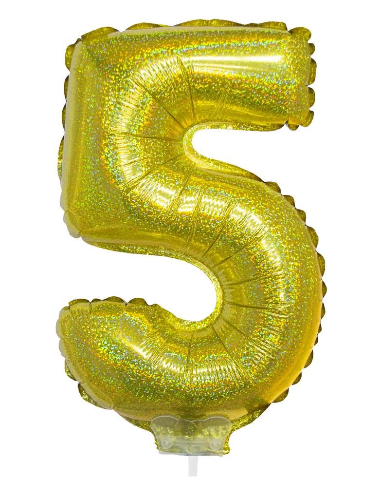 Folienballon 41cm Stab Zahl 5 Holographisch Gold