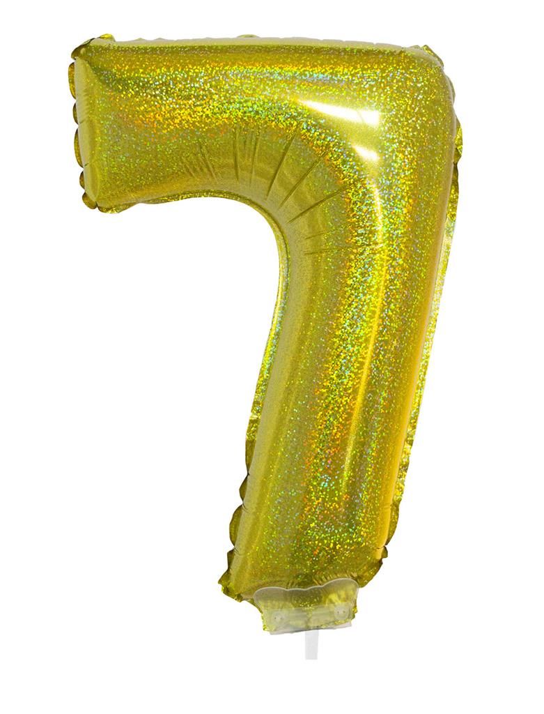 Folieballon 41cm Met Stokje Cijfer 7 Holografisch Goud