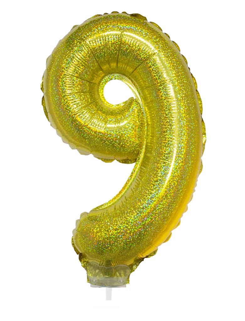Folieballon 41cm Met Stokje Cijfer 9 Holografisch Goud