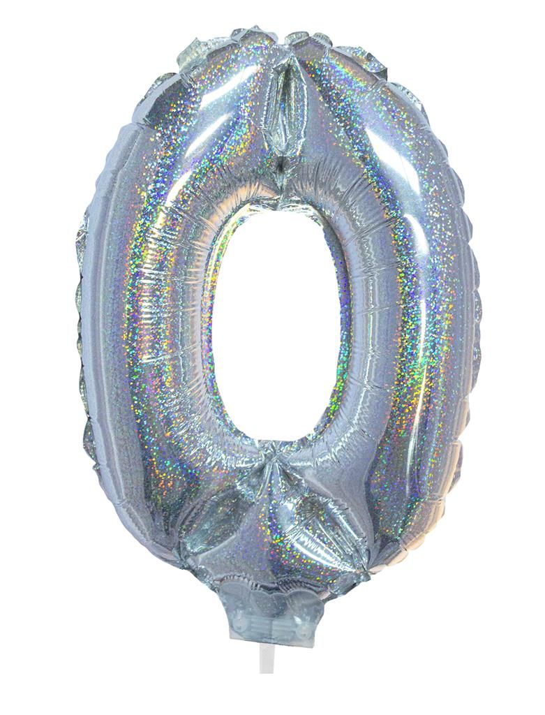 Folieballon 41cm Met Stokje Cijfer 0 Holografisch Zilver