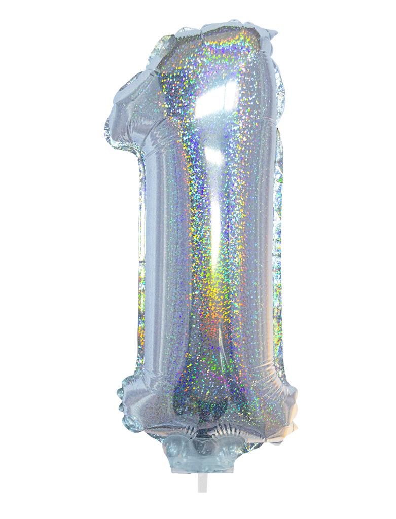 Folieballon 41cm Met Stokje Cijfer 1 Holografisch Zilver
