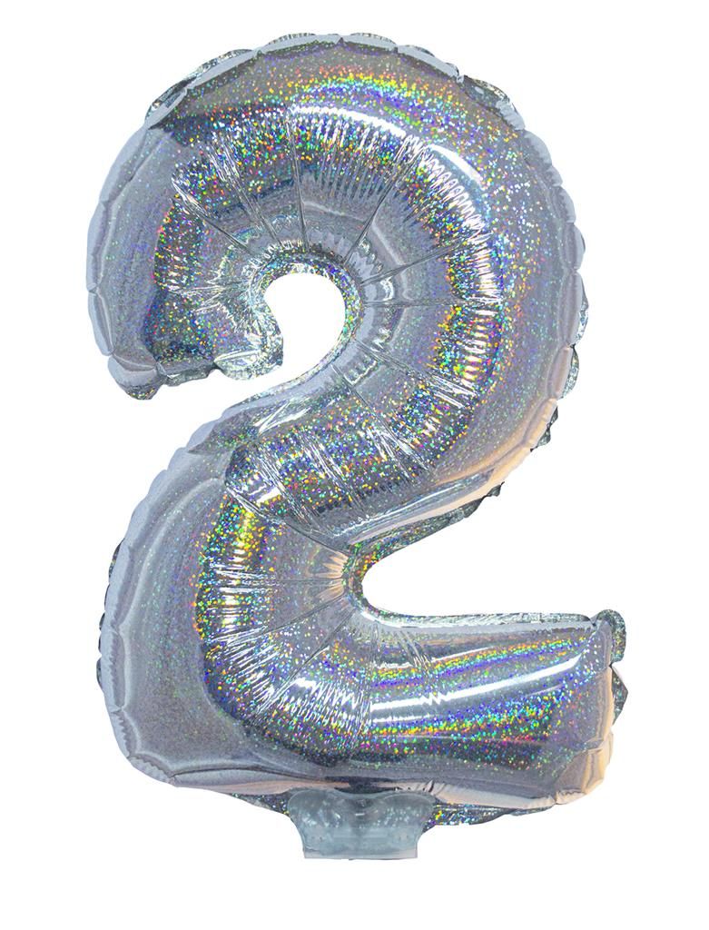 Folieballon 41cm Met Stokje Cijfer 2 Holografisch Zilver