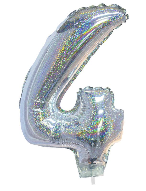 Folienballon 41cm Stab Zahl 4 Holographisch Silber