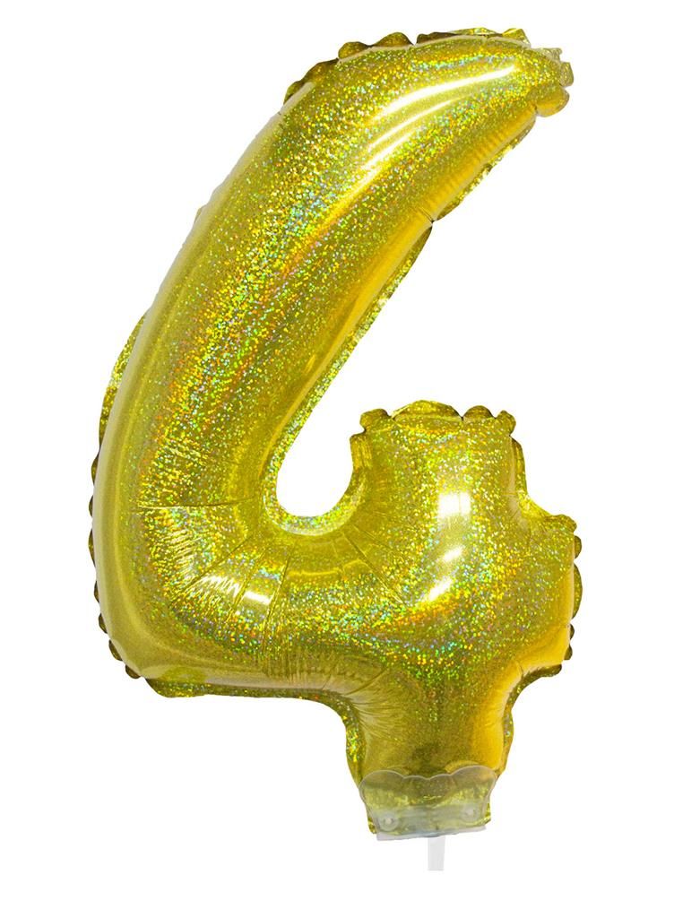 Folienballon 41cm Stab Zahl 4 Holographisch Gold