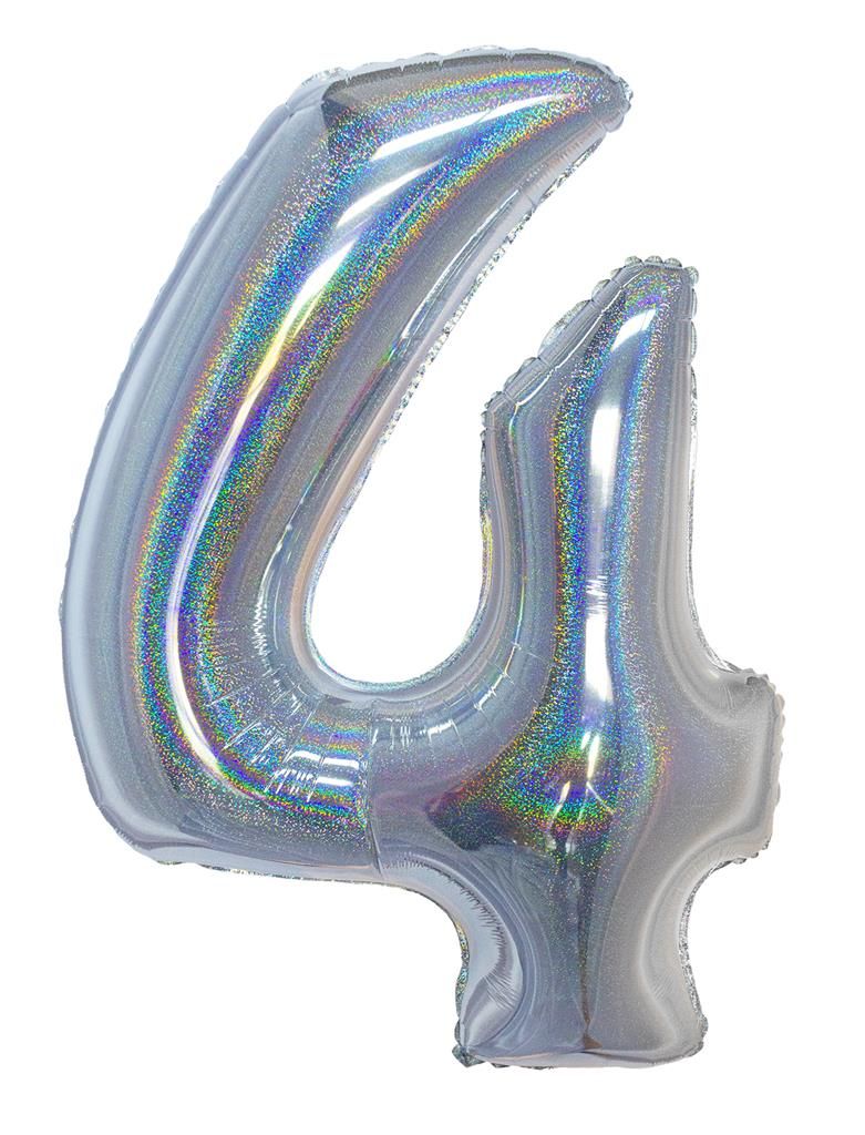 Folieballon 102cm Cijfer 4 Holografisch Zilver