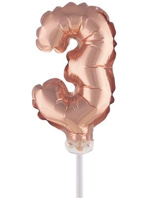 Folieballon 13cm Met Stokje Cijfer 3 Rosé Koper Folieballon 13cm Met Stokje Cijfer 3 Rosé Koper