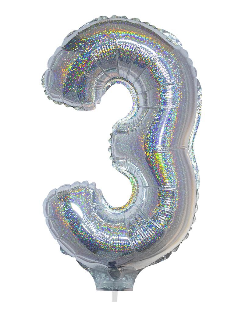 Folienballon 41cm Stab Zahl 3 Holographisch Silber Folienballon 41cm Stab Zahl 3 Holographisch Silber