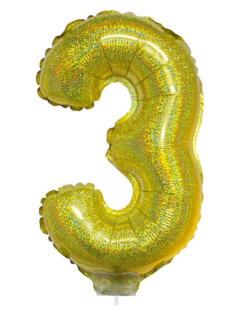 Folieballon 41cm Met Stokje Cijfer 3 Holografisch Goud