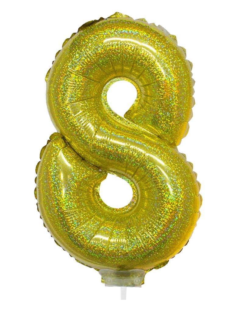 Folieballon 41cm Met Stokje Cijfer 8 Holografisch Goud