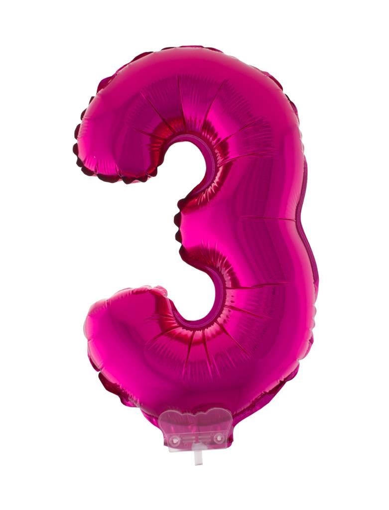 Folieballon 41cm Met Stokje Cijfer 3 Roze