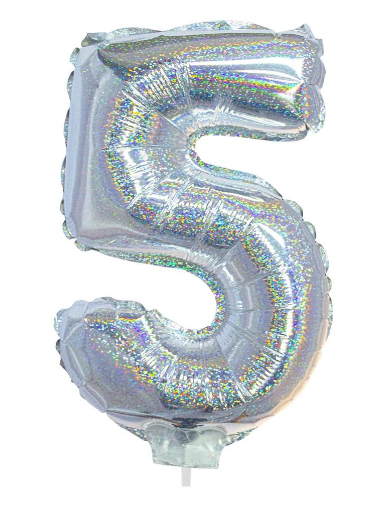 Folieballon 41cm Met Stokje Cijfer 5 Holografisch Zilver