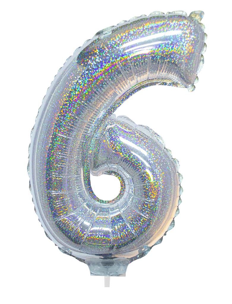 Folieballon 41cm Met Stokje Cijfer 6 Holografisch Zilver