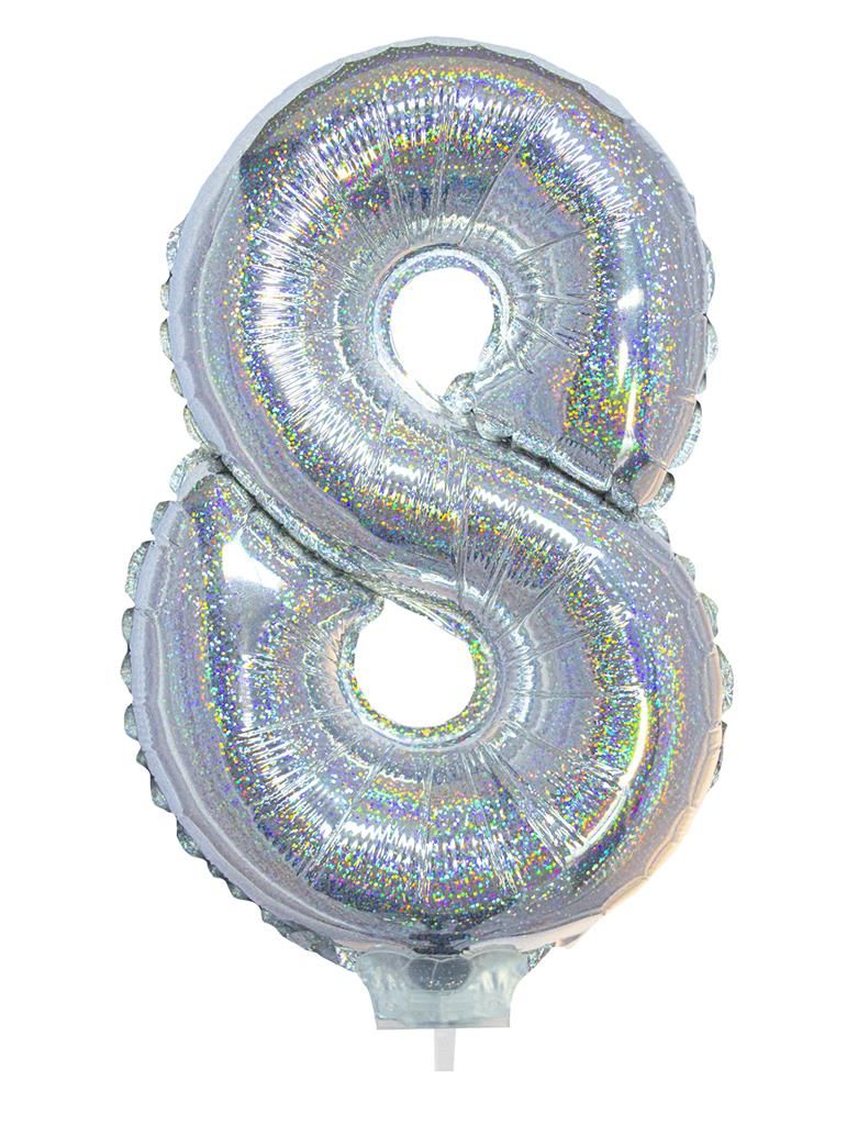Folieballon 41cm Met Stokje Cijfer 8 Holografisch Zilver