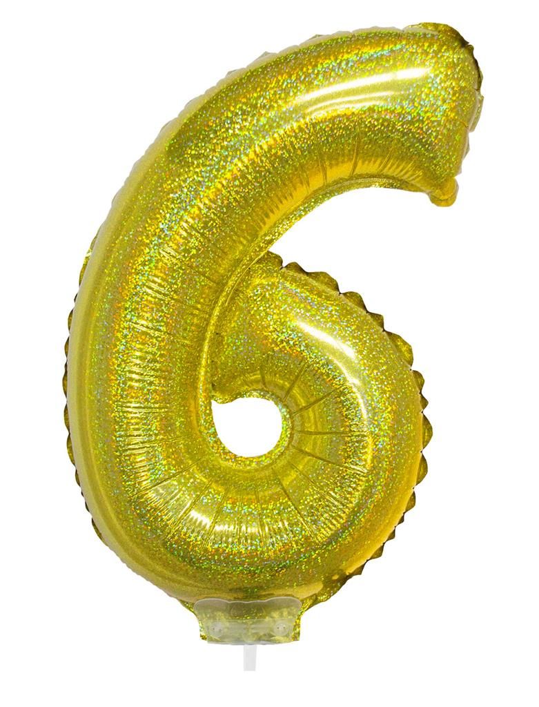 Folienballon 41cm Stab Zahl 6 Holographisch Gold Folienballon 41cm Stab Zahl 6 Holographisch Gold