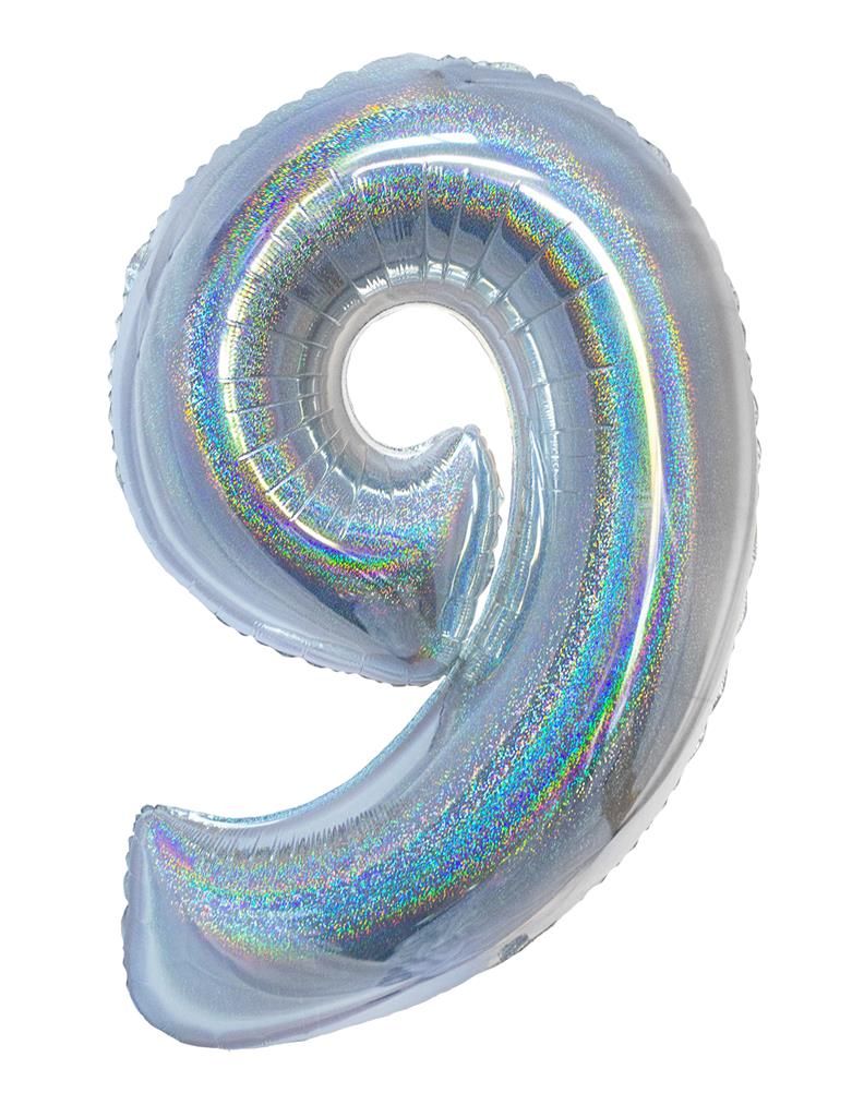Folieballon 102cm Cijfer 9 Holografisch Zilver