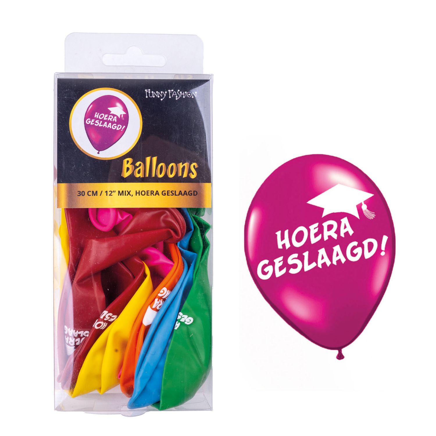 12 Luftballons 30cm Hoera Geslaagd Bunt