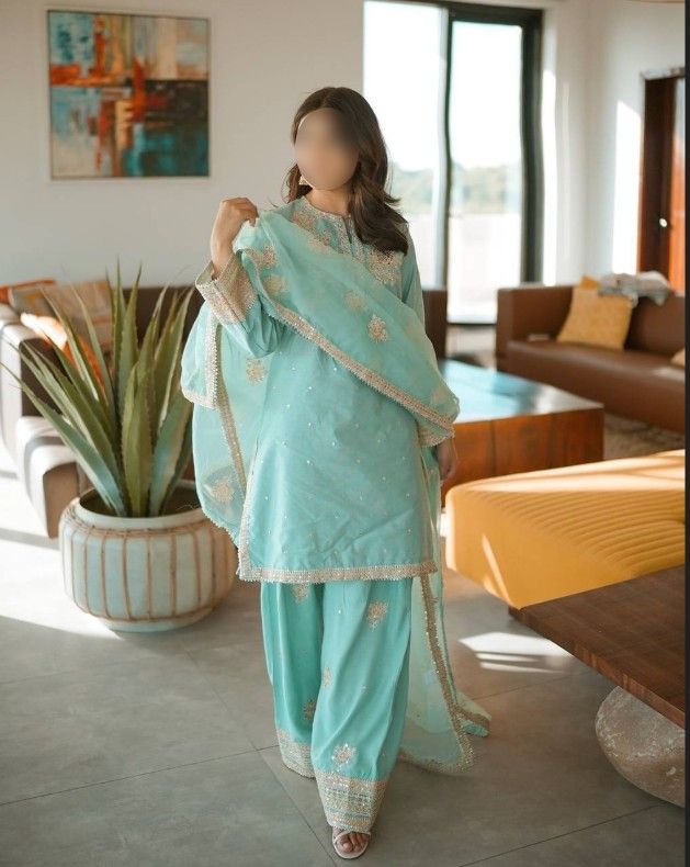 Chinnon Silk Top-Bottom And Dupatta Set Fully Stitched Ready To Wear 🌸💫