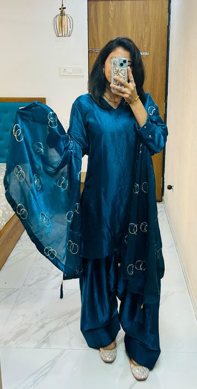 DESIGNER WEAR EXCLUSIVE FARSI SALWAR SUIT FENDI SILK FABRIC TOP AND PANT WITH DUPATTA