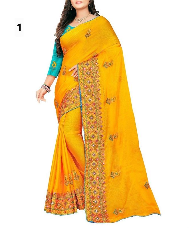 Silk saree with thread embroidery with piping g and mirror work