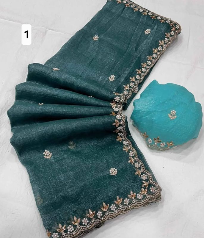 Chiffon silk cutwork saree with contract blouse