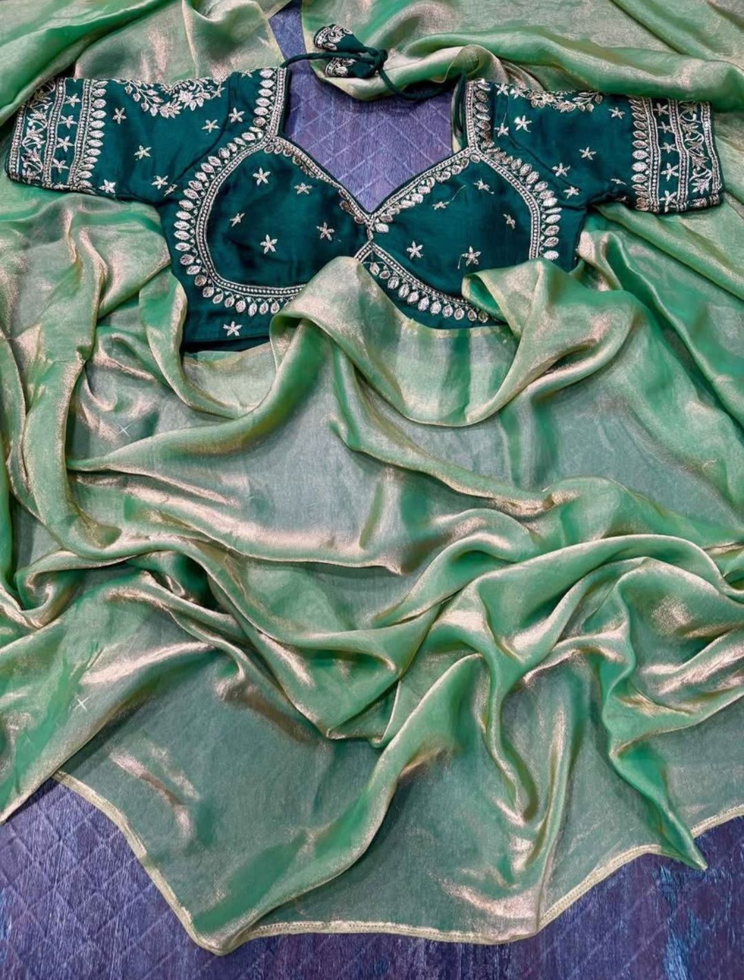 Stiched blouse with saree with Golden shine