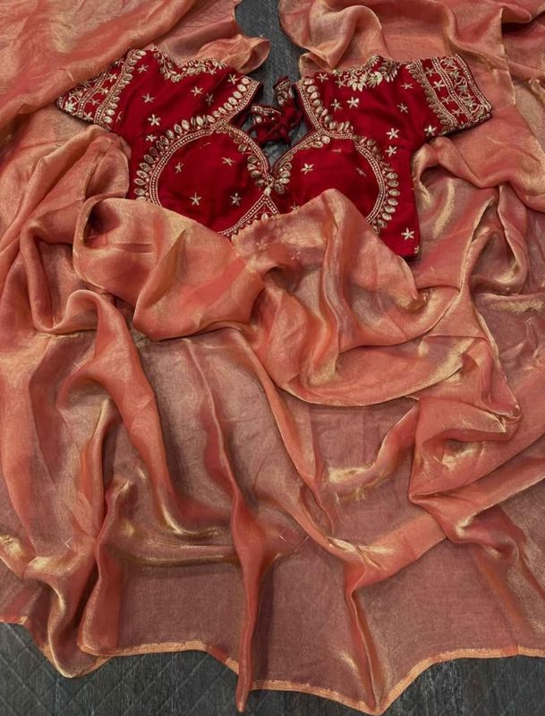 Stiched blouse with saree with Golden shine