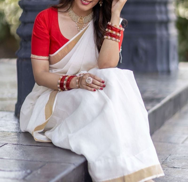 Soft cotton saree with red silk blouse