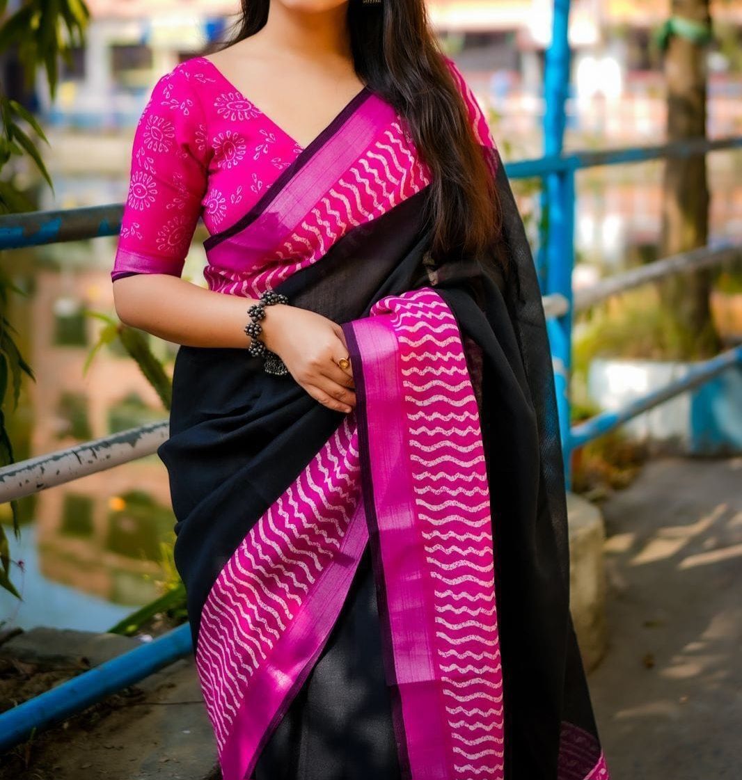 Black and pink linen saree with blouse piece