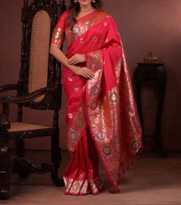 Soft silk with zari work saree with blouse piece