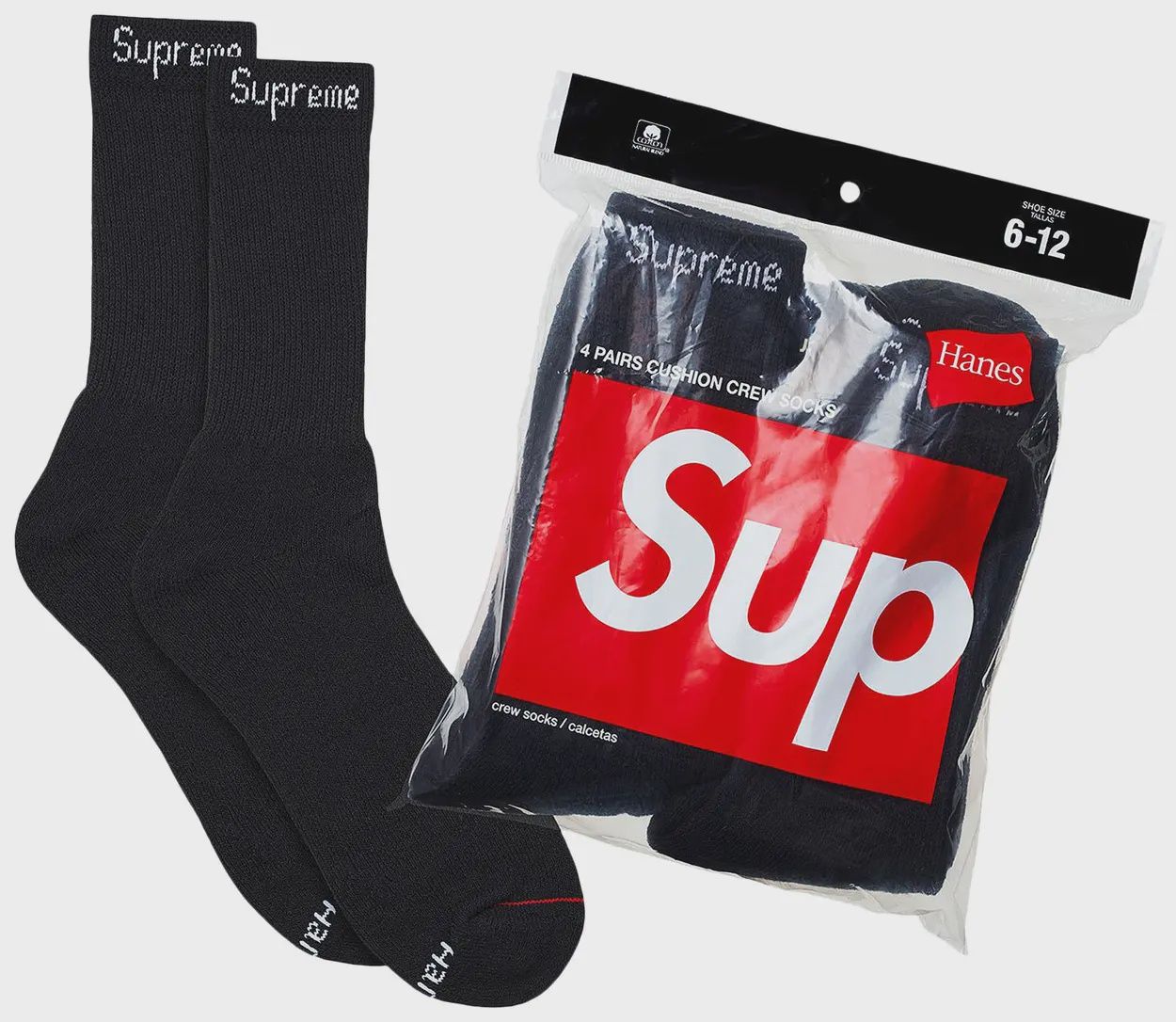 SUPREME X HANES CREW SOCKS (4 PACK) "BLACK"